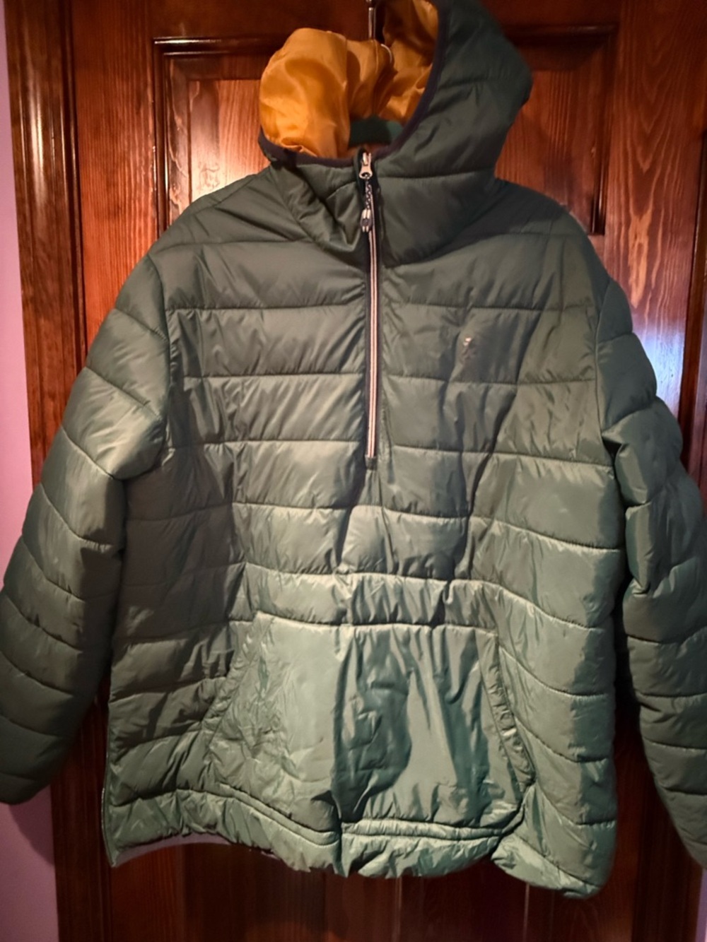 Izod Green Hooded Puffer Jacket with Yellow Lining